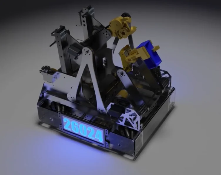 Render of the 2024-25 robot: a black chassis with tall linear slides, a yellow servo-driven claw and a lit number panel