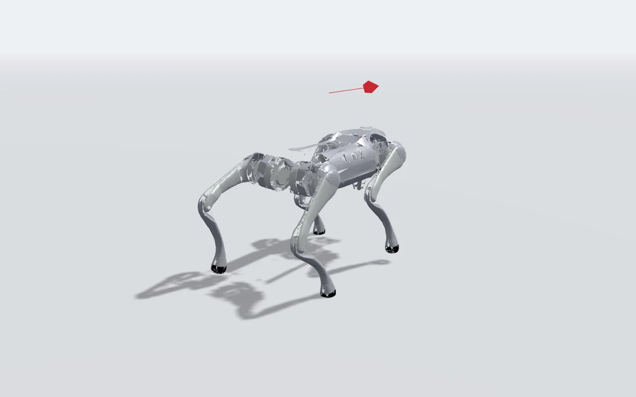The Unitree Go2 quadruped mid-stride on a grey grid floor, rendered by the browser simulation